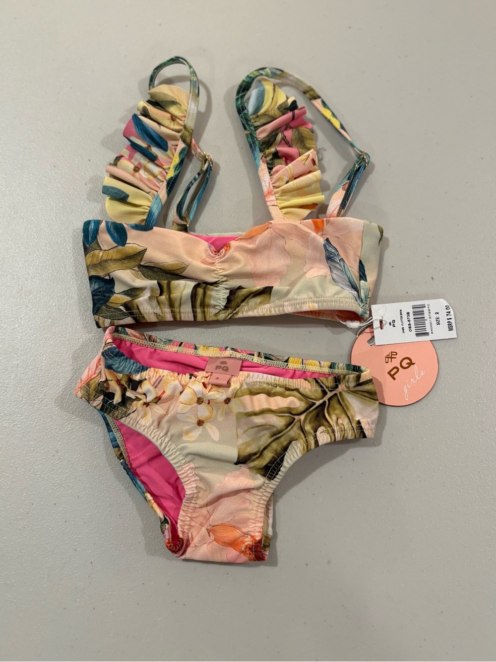 Oasis Tropical Floral Ruffle Bikini in Pink and Green